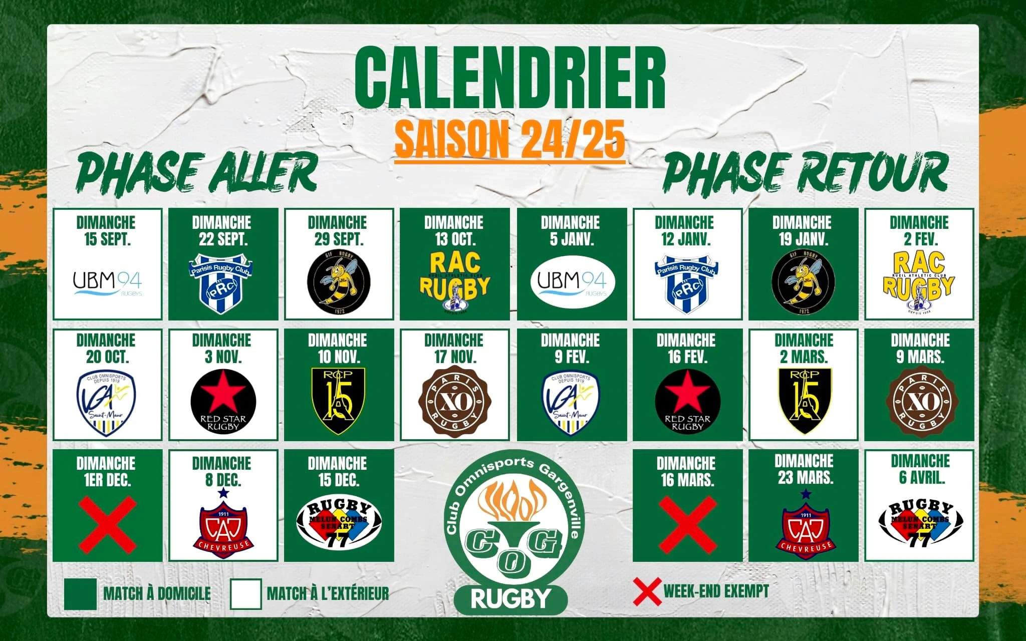 COG, section rugby - Calendrier de l'équipe première engagée en championnat Régional 1 pour la saison 2024/2025